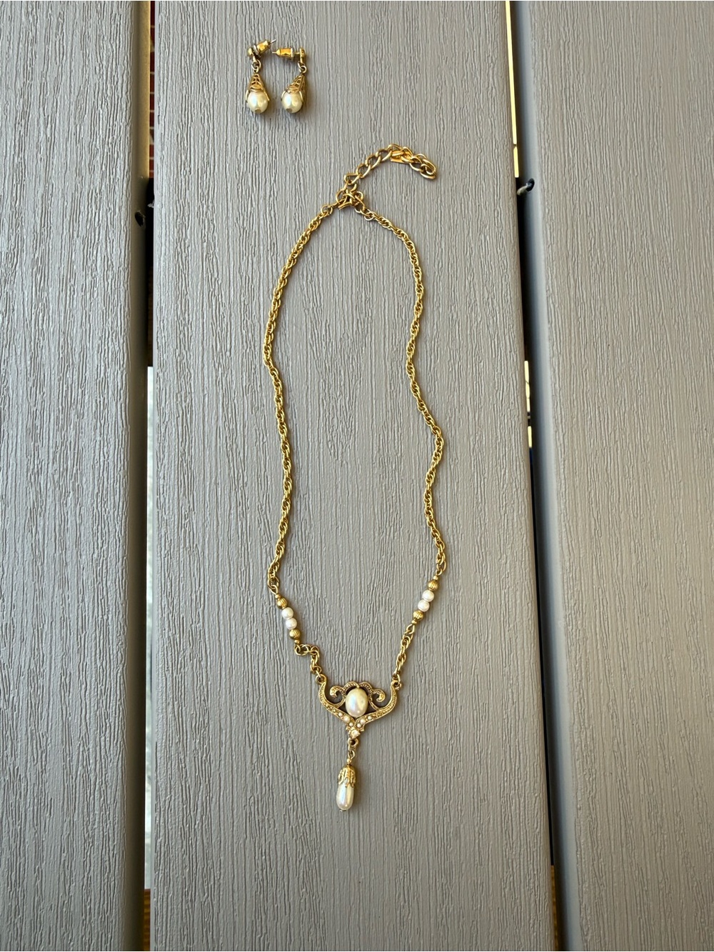 1928 Jewelry Gold Tone Faux Pearl Necklace Earrings Set Victorian Revival